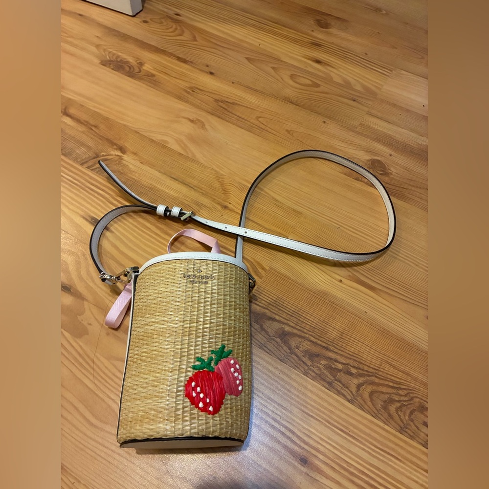 Kate Spade Straw Crossbody Bag with Strawberry Embroidery - Beige